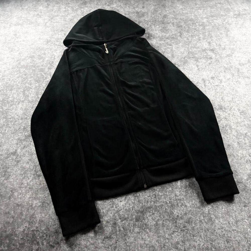 Vintage Juicy Couture Women’s M Black Velour Rhinestone J Zip Hoodie Y2K